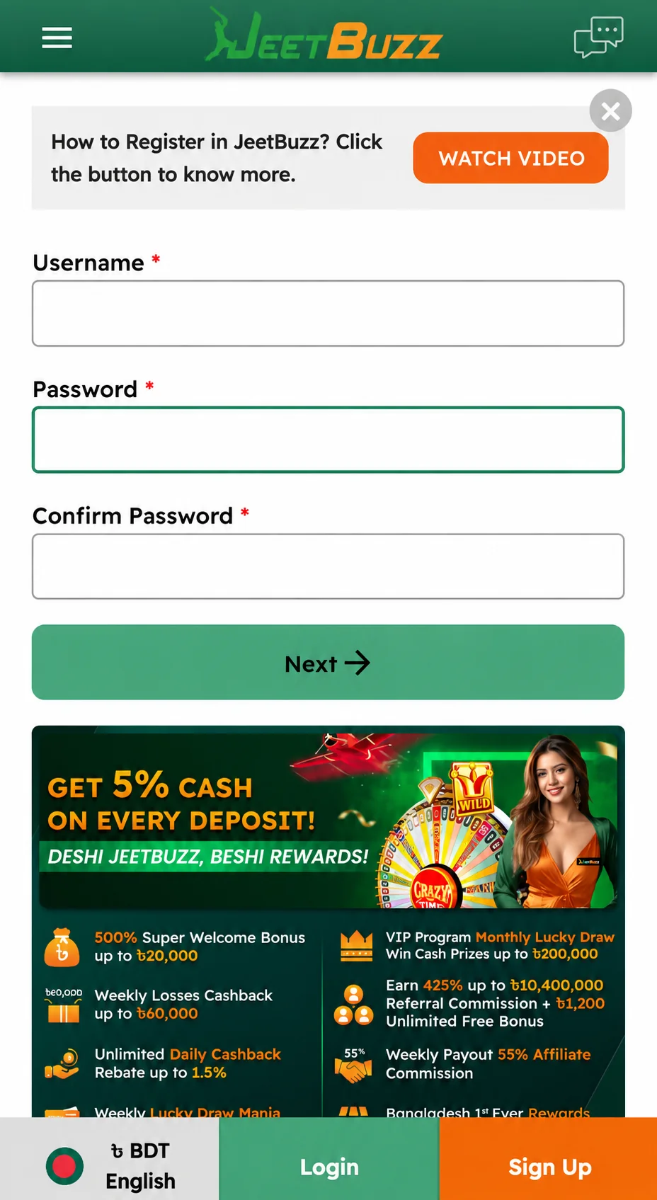 JeetBuzz mobile registration form