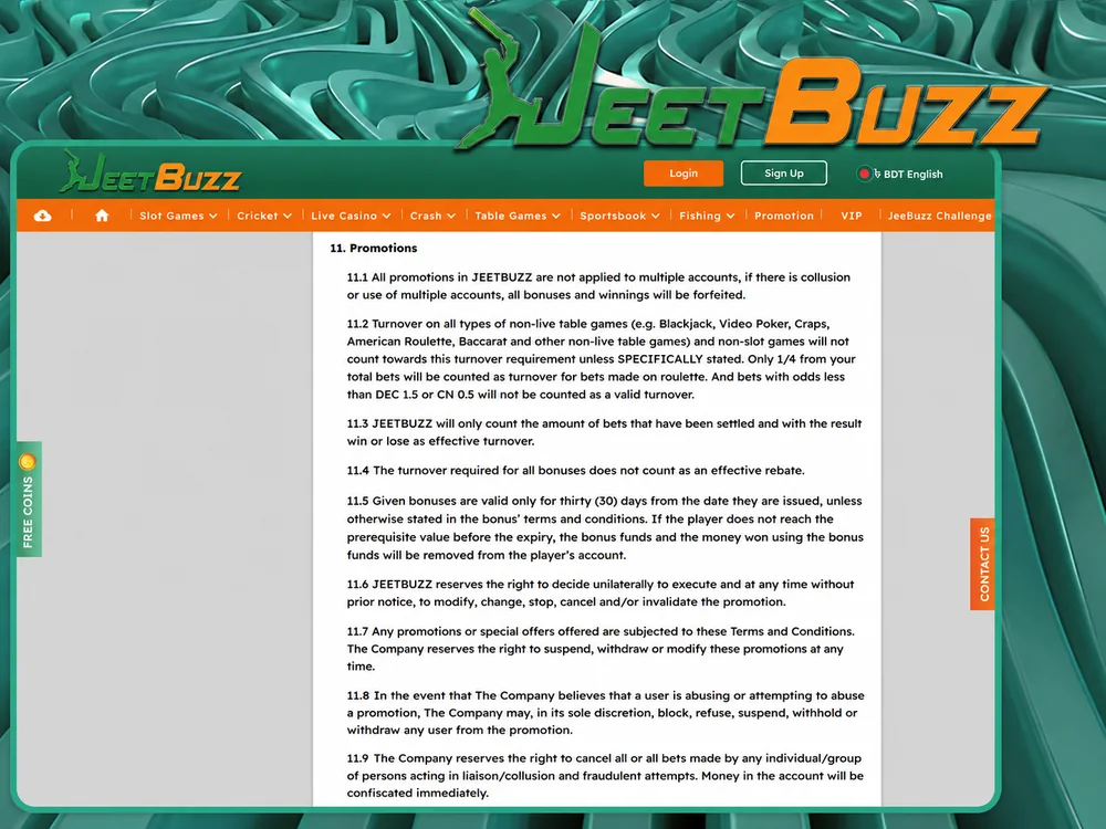 JeetBuzz bonus terms and conditions