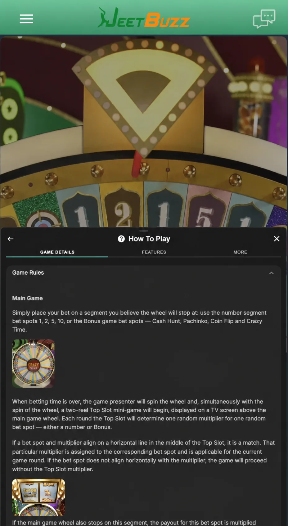 Crazy Time rules screen