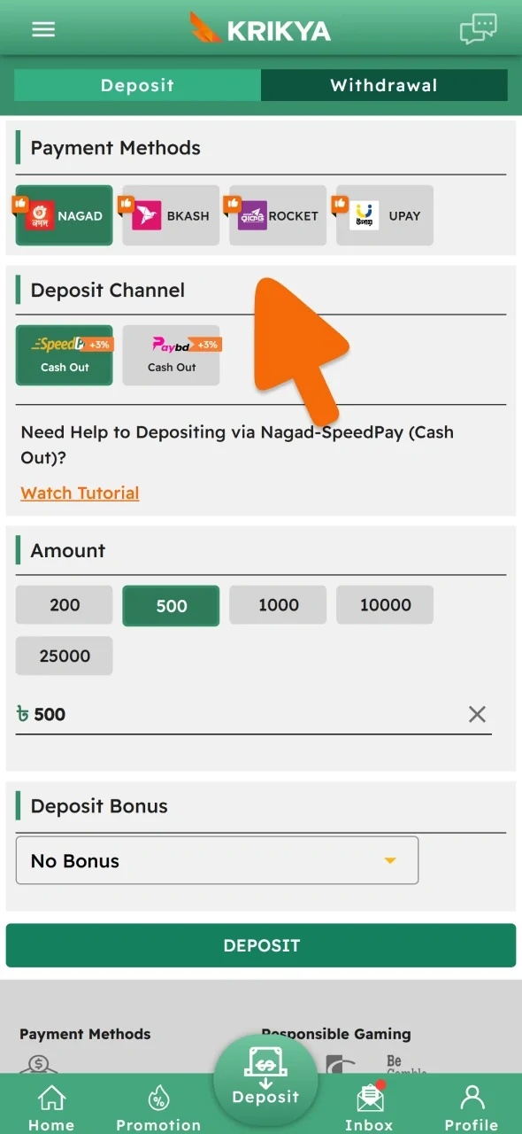 JeetBuzz deposit page with bKash option