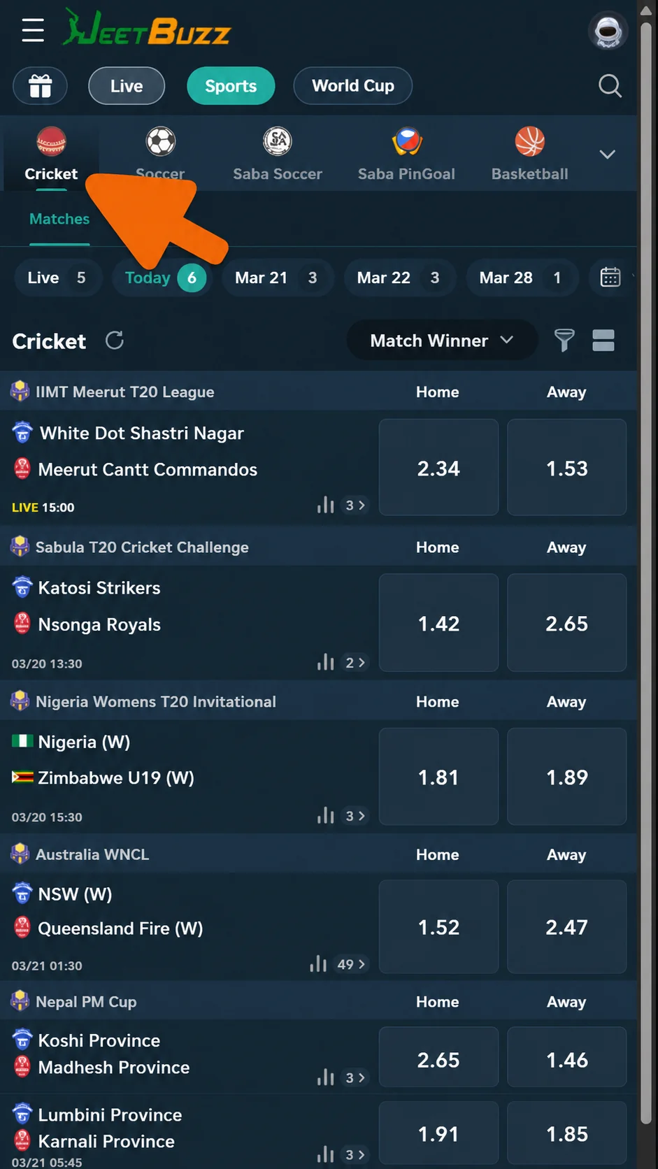 JeetBuzz cricket section showing IPL 2026 fixtures