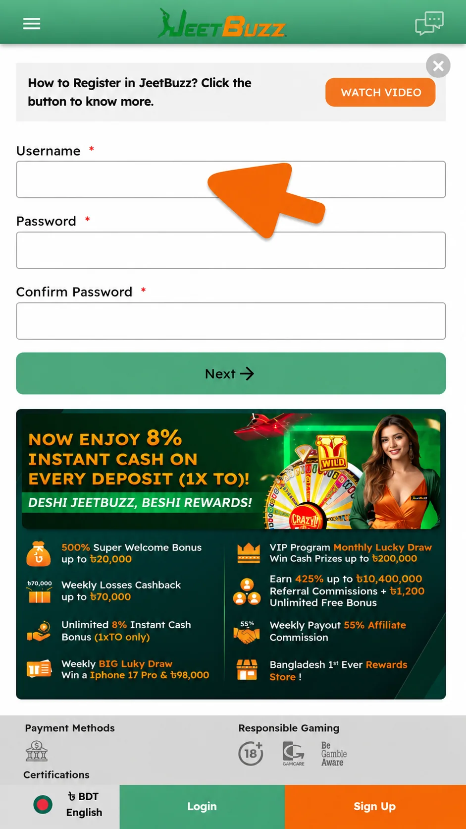 JeetBuzz registration screen for IPL 2026